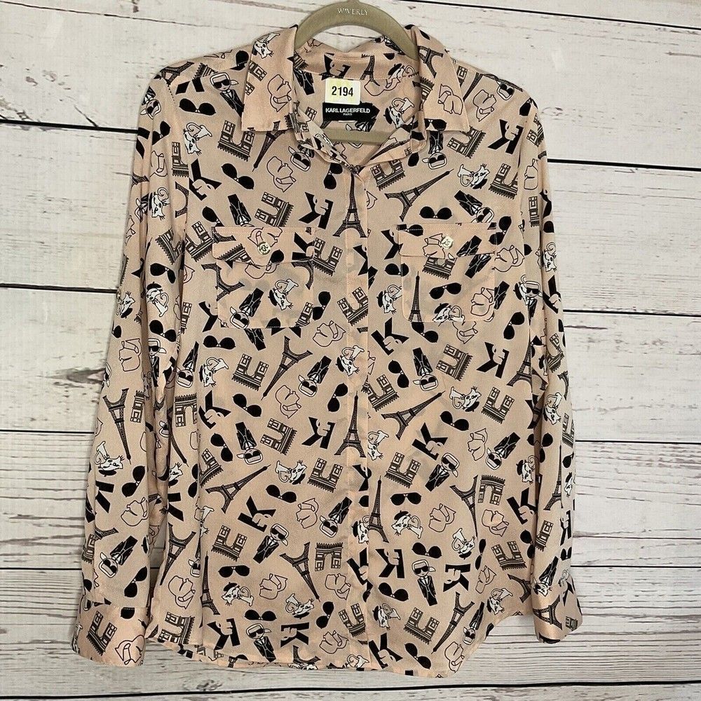 Karl Lagerfeld Cat Paris Eiffel Tower Print Button Up Shirts Blouse Women Size M - Picture 1 of 11